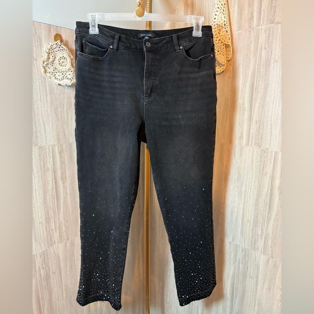 John Mark Black Rhinestone Studded Ankle Jeans